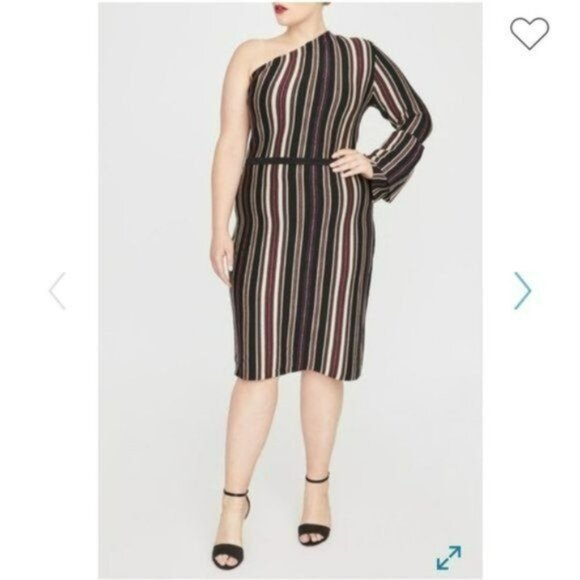 NEW Rachel Roy Dress 1X One Shoulder Bell Sleeve Stripe Black Maroon Gold - Picture 1 of 2